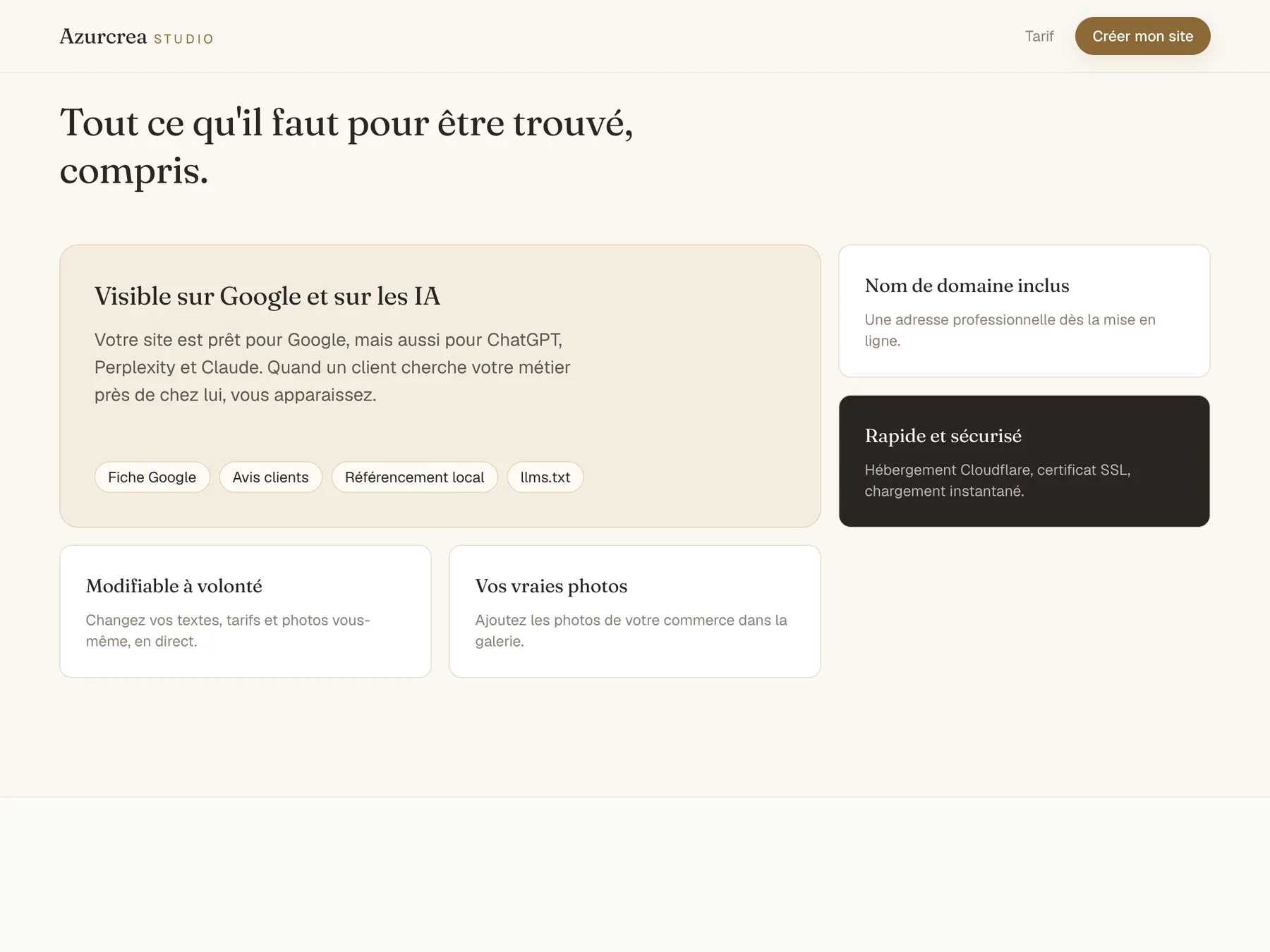 What is included: visibility on Google and AI assistants, a domain name, hosting, editable content and real photos